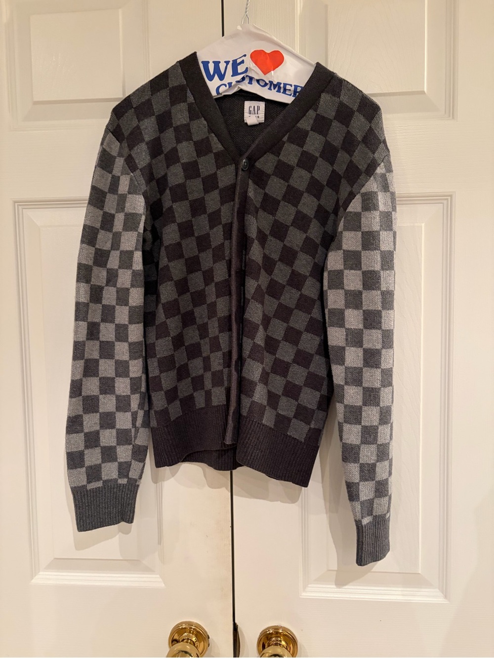 GAP Gray and Black Checkerboard V-Neck Cardigan